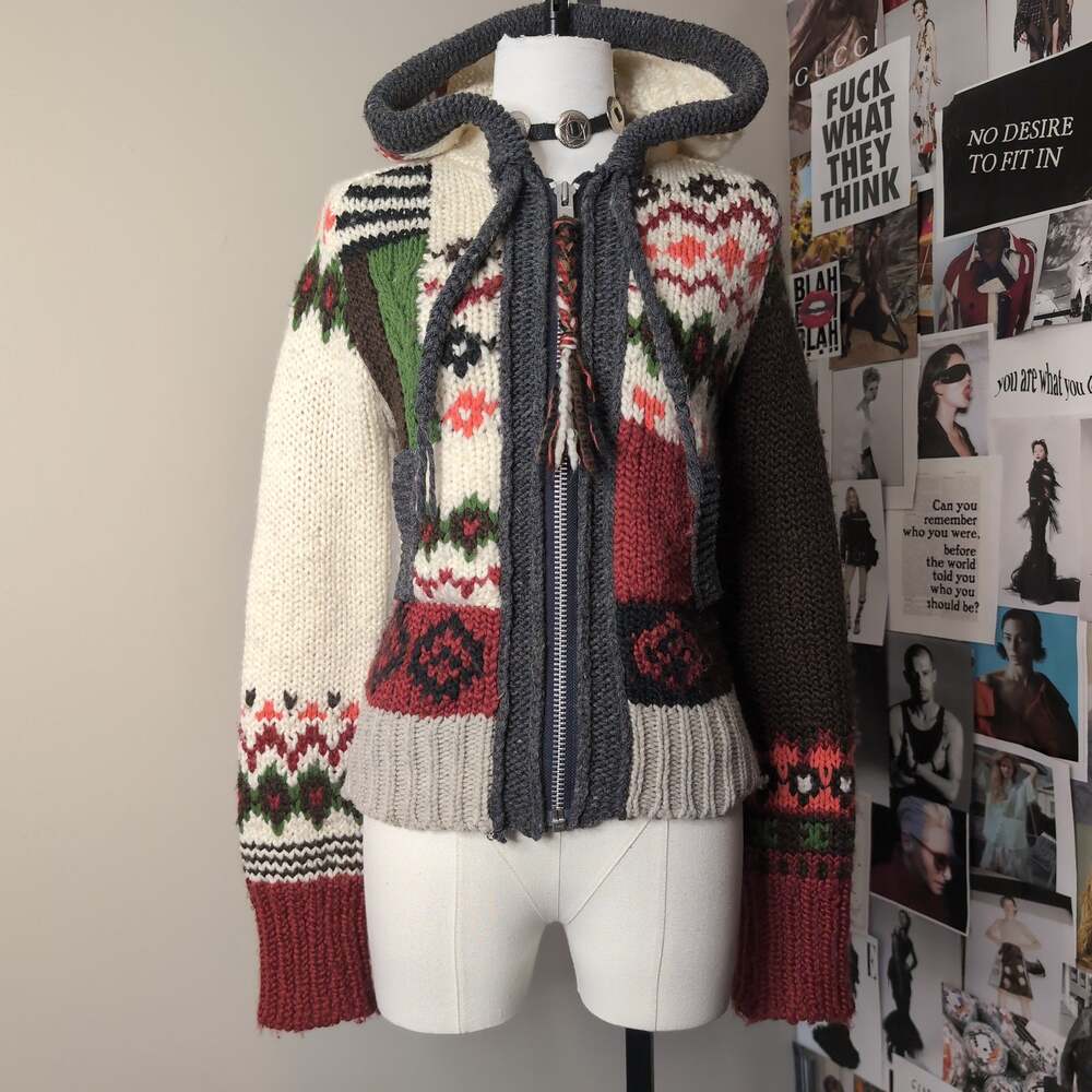 Rare Patchwork Fair Isle Knit Zip Hooded Cardigan